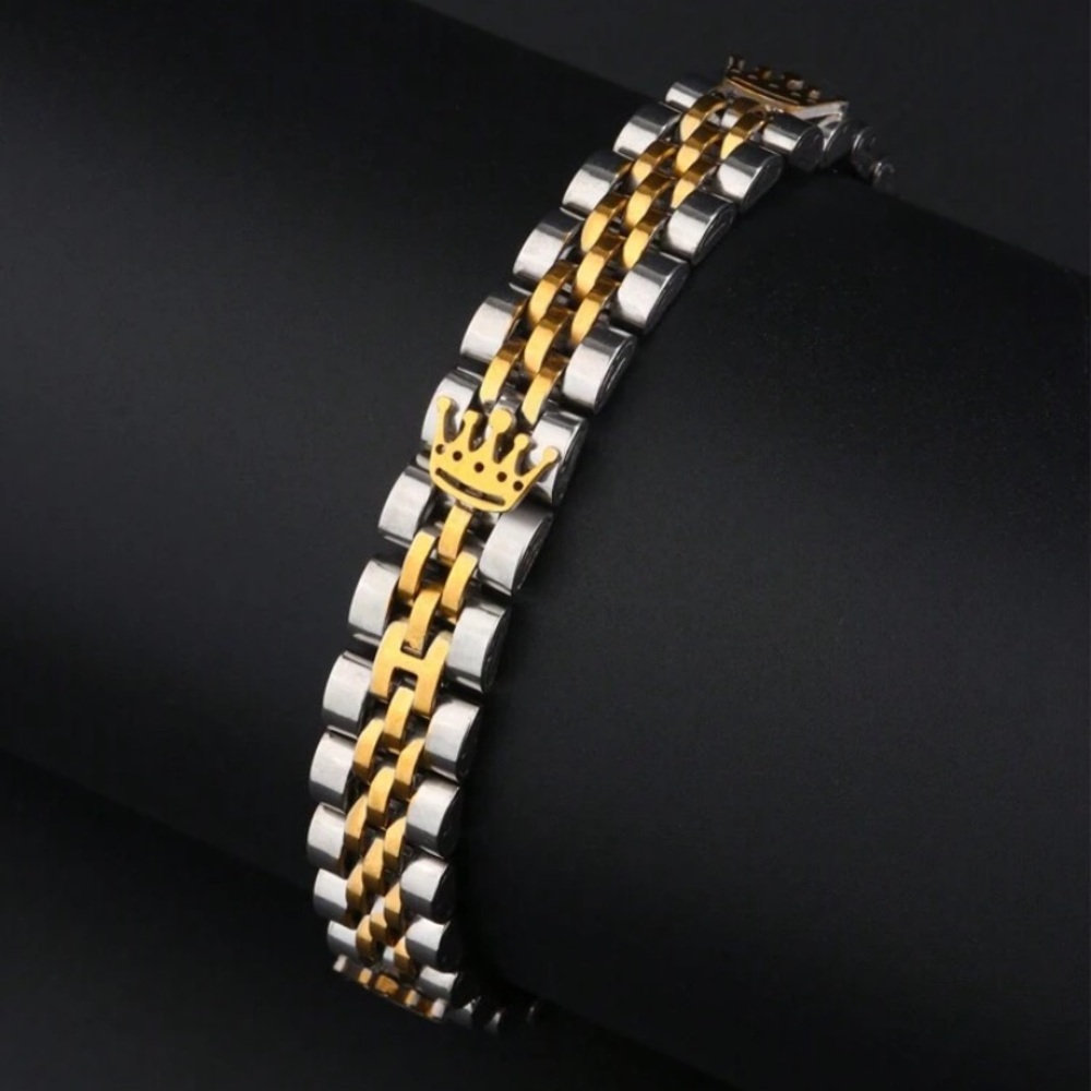 Stainless Steel Elegant Gold and Silver Bracelet with Crown Detail